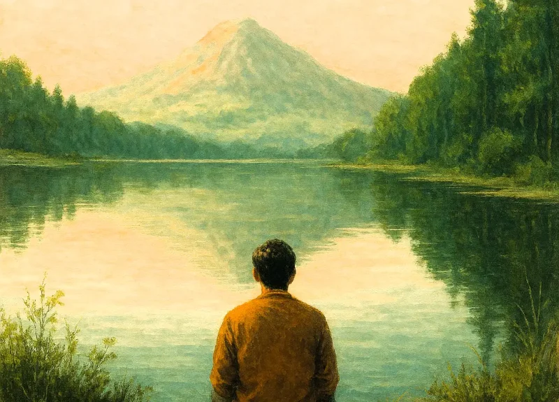 पहाड़ों के बीच शांत झील के पास एक चट्टान पर बैठा हुआ व्यक्ति।